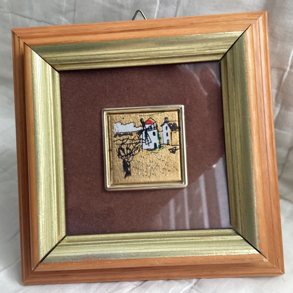 VINTAGE ITALIAN FRAMED MINIATURE GOLD LEAF FOIL CHROMOLITHOGRAPHY OF A WINDMILL